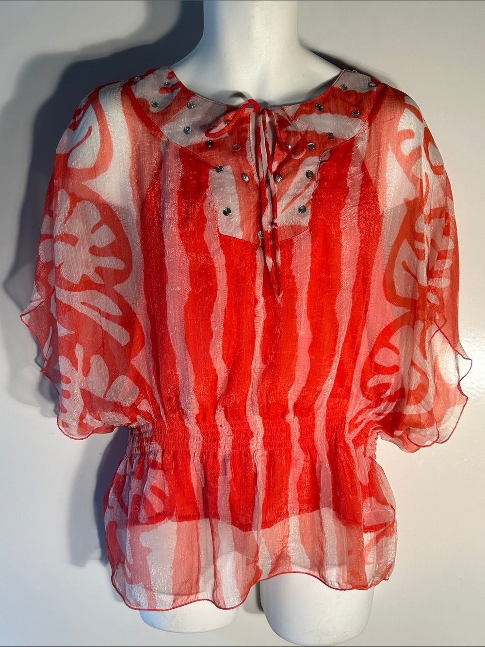 C.O.C. SZ 2XL Red & White Abstract Stripe Sheer Peasant Blouse 80's Retro Disco